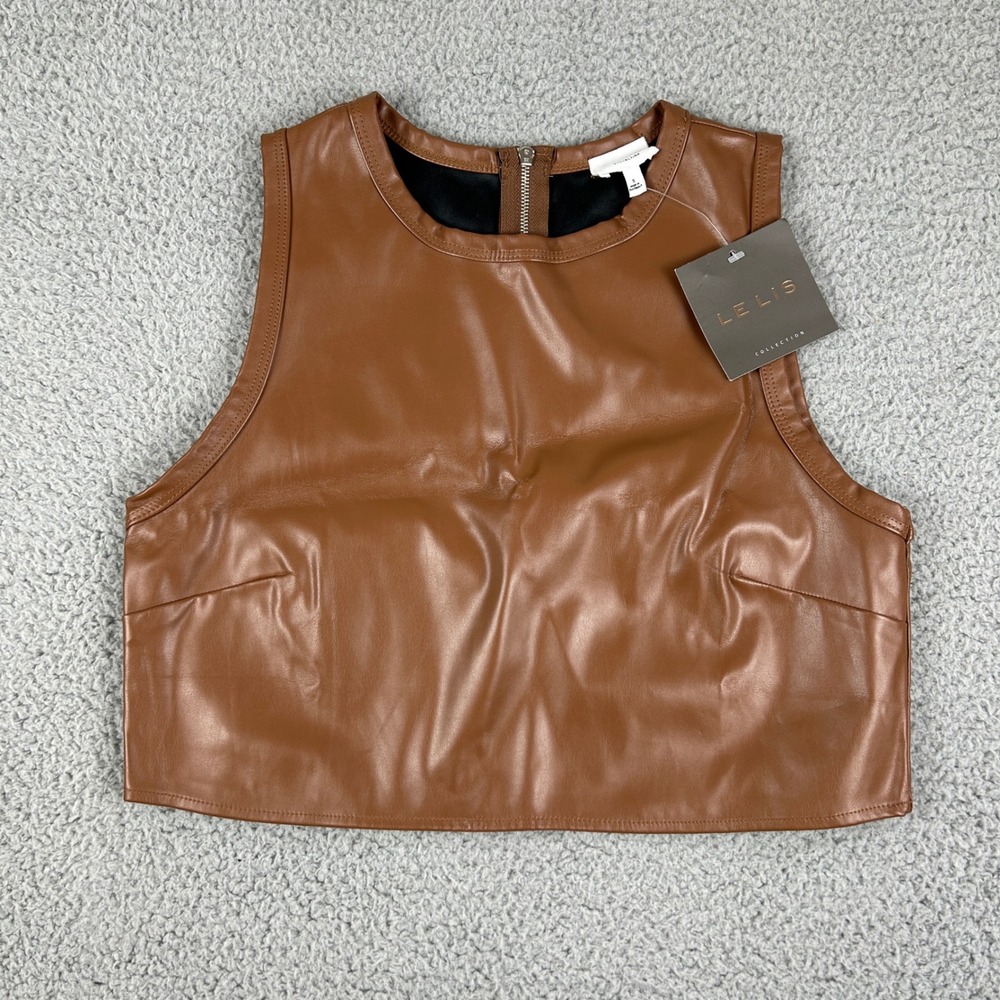 Le Lis Faux Leather Crop Top Womens Small Camel Brown Sleeveless Back Zip KT5064